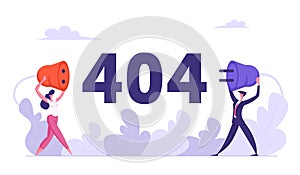 Website Error 404 Page with Business Characters Holding Wire Plug Socket. Page Not Found Template, Broken Internet