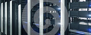 Website header banner. Data center, server room. Fantastic supercomputer.