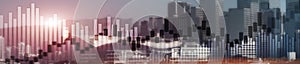 Website header and banner of Hong Kong cityscape with skyscarapers. Trading and stock markets.