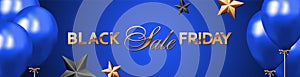 Website header or banner vector template with Black Friday Sale golden text on royal blue gradient background with blue balloons a