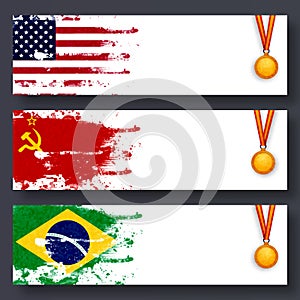 Website Header with Flags and Medals for Sports.