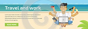 Website header flat illustration of meditating freelancer working on beach