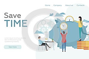 Website header. Time management. People throw clocks into the big piggy bank. A man sits and works at a laptop. Vector.