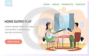 Website home guitar playing. Guitarist making music. Girl sings into microphone and records audio