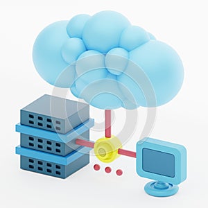 Website Hosting 3d icon represented with Computer and server connected via cloud network