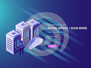 Website hosting isometric, cryptocurrency and blockchain concept. Server farm for mining bitcoins IT 3d