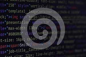 website HTML code in browser view on blue background. Software developer programming code
