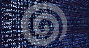 website HTML code in browser view on blue background.
