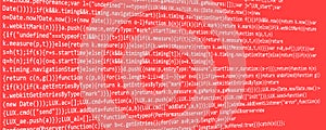 website HTML code in browser view on red background.