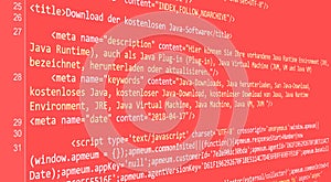 website HTML code in browser view on red background.