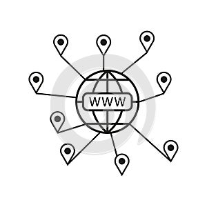 Website Icon. Globe website icon. Globe www with pins. Vector illustration. EPS 10.