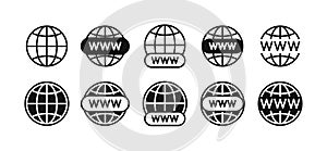 Website icon set with World globe. WWW icons with Earth globe sign.