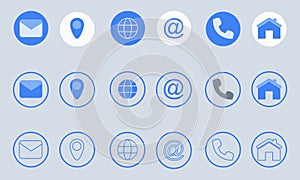 Website icons set in gradient blue color related to web icon, including telephone, globe, map, home vector and illustration