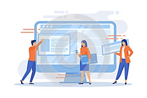 Website interface development planning. Devops team flat characters working. UI, UX, content design. Computer software creation