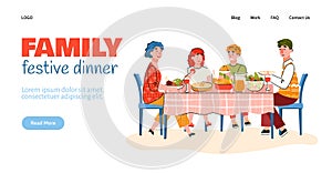 Website interface with family at festive dinner table flat vector illustration.