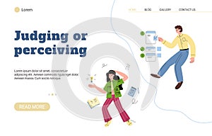 Website of judging or perceiving MBTI kind of personality, vector illustration.