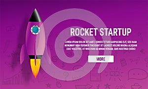 Website landing home page with rocket. Business project startup and development modern flat background. Mobile web design template