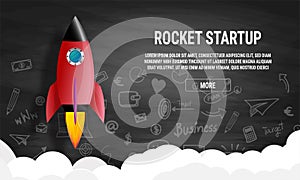 Website landing home page with rocket. Business project startup and development modern flat background. Mobile web design template