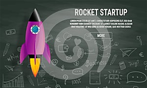 Website landing home page with rocket. Business project startup and development modern flat background. Mobile web design template