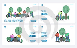 Website Landing Page. Environment Protection Concept. Volunteers Man And Woman Characters Picking Up Litter