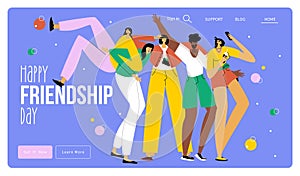 The website landing page with group of people, women, men, teenagers. They fun and celebration national best friends day photo
