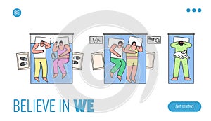 Website Landing Page. Men And Women Sleep On The Bed At Home Or In Hotel. Characters Have Dream