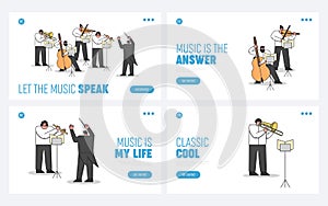 Website Landing Page Set. Symphony Orchestra Playing Classical Music Concert. Musicians with Instruments Led