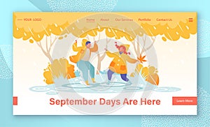 Website landing page tamplate with joyful, flat, kids characters. Children jumping in puddles photo