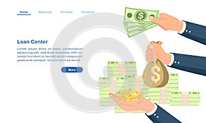 Website landing page template cartoon bank loan center borrow lend money concept