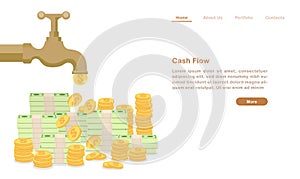 Website landing page template cartoon golden water tap faucet dropping money coin and bill cash flow concept