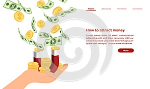 Website landing page template cartoon how to attract money concept finanacial currency bill golden coin and magnet