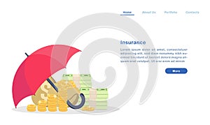 Website landing page template cartoon insurance for property wealth concept umbrella protecting money golden coin and bill