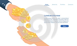 Website landing page template cartoon lend and borrow money concept golden coins and people hands