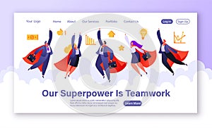 Website landing page template with flat cartoon flying business people, superheroes in red cloaks.