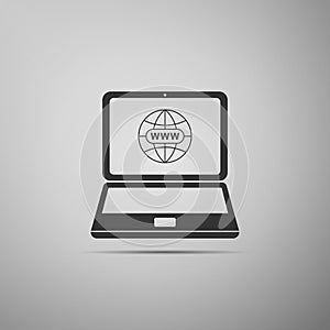 Website on laptop screen icon isolated on grey background. Globe on screen of laptop symbol. World wide web symbol