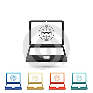 Website on laptop screen icon isolated on grey background. Globe on screen of laptop symbol. World wide web symbol
