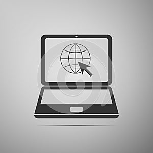 Website on laptop screen icon isolated on grey background. Laptop with globe and cursor. World wide web symbol. Internet