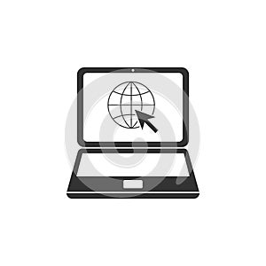 Website on laptop screen icon isolated. Laptop with globe and cursor. World wide web symbol. Flat design