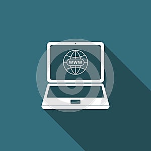 Website on laptop screen icon isolated with long shadow. Globe on screen of laptop symbol. World wide web symbol