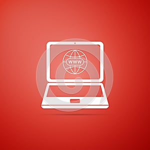 Website on laptop screen icon isolated on orange background. Globe on screen of laptop symbol. World wide web symbol