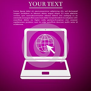 Website on laptop screen icon isolated on purple background. Laptop with globe and cursor. World wide web symbol