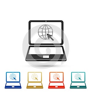 Website on laptop screen icon isolated on white background. Laptop with globe and cursor. World wide web symbol. Set