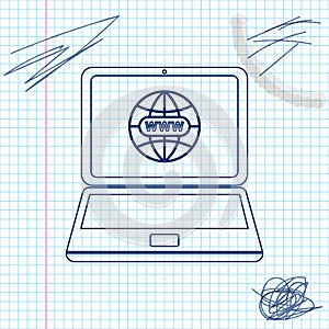 Website on laptop screen line sketch icon isolated on white background. Globe on screen of laptop symbol. World wide web