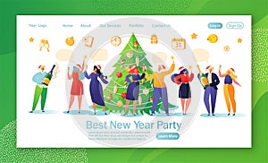 Website layout with flat people characters celebrating New Year against background of a large beautiful decorated Christmas tree.