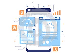 Website Loading Speed Optimization With Server, Web Programming, Mobile App Development, and Page Software. Background Vector