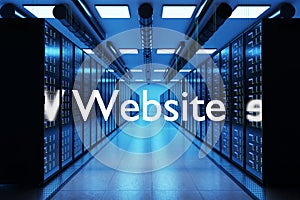 Website logo in large modern data center with multiple rows of server racks, 3D Illustration