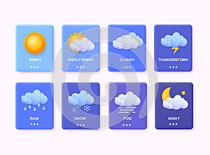 Website or mobile app ui icon set for weather forecast. Thunderstorm, rain, sunny day, fog, winter snow, night. 3D Web Vector