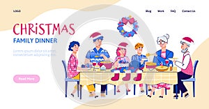 Website mockup with family Christmas dinner cartoon vector illustration.