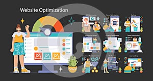 Website Optimization dark or night mode set. Expert showcasing strategies