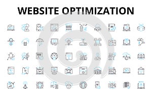 Website optimization linear icons set. Analytics, Conversion, Keywords, Content, Rankings, Meta, Caching vector symbols